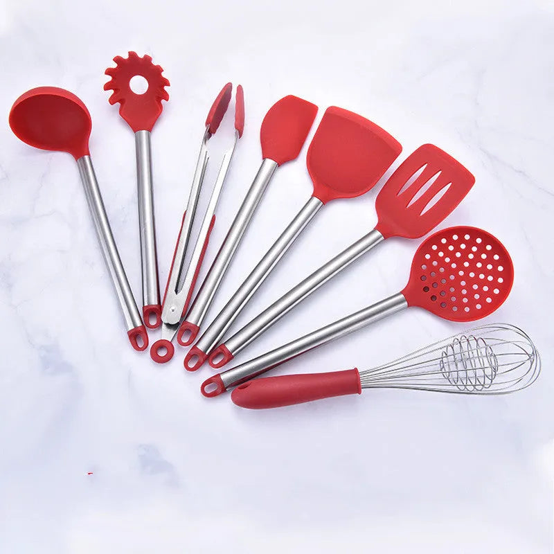 Silicone kitchenware set with stainless steel tube handles includes soup spoon, spaghetti claw, food clip, spatulas, hollow shovel, colander, egg beater in black and red