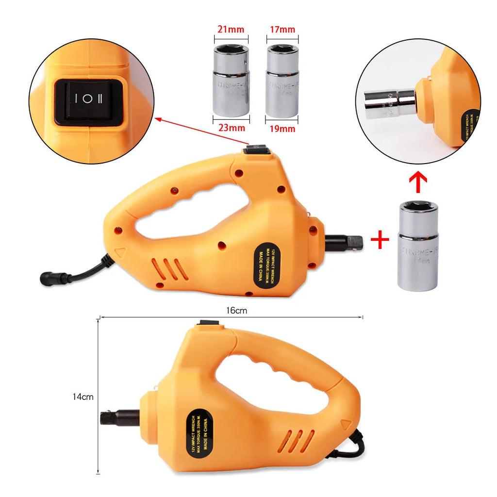 Yellow electric car jack set with electric wrench for vehicle maintenance