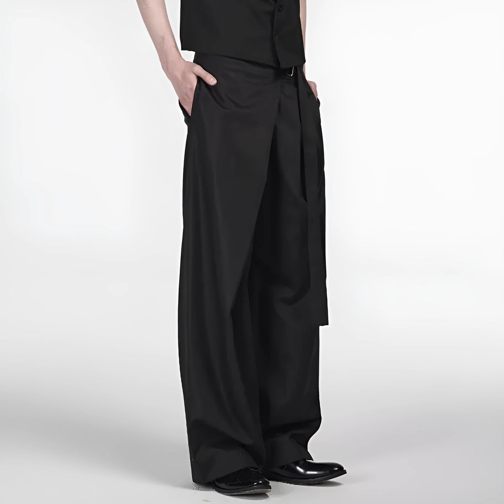 Black straight-leg trousers with adjustable waistband and single-pleat front detail