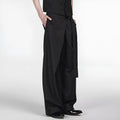 Black straight-leg trousers with adjustable waistband and single-pleat front detail