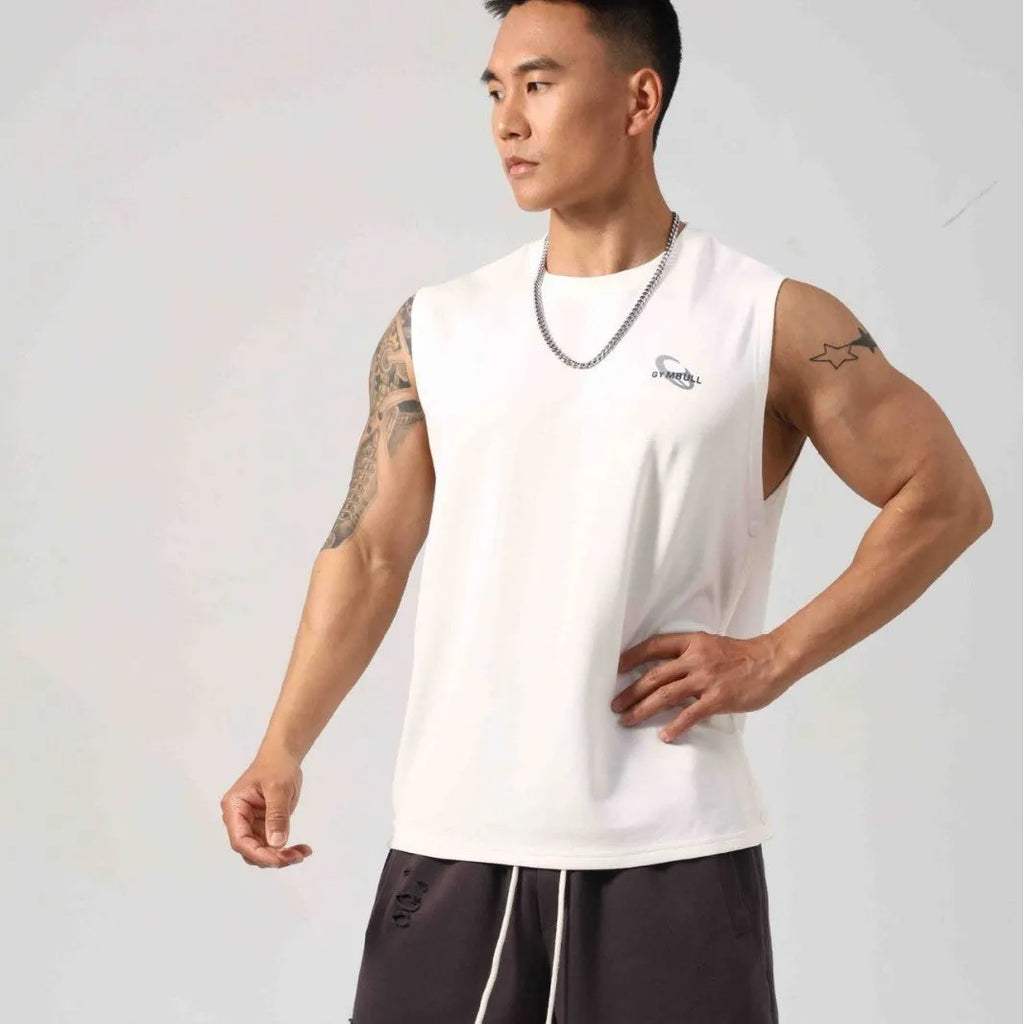 Men's loose black cotton fitness vest showing hidden hook side opening detail.