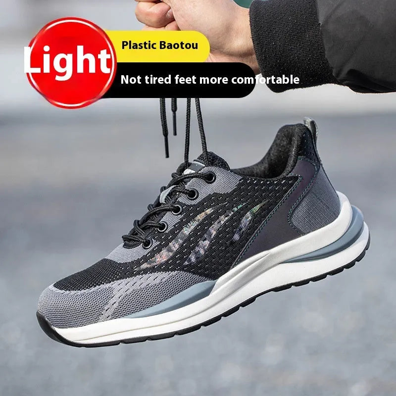 Men's black grey electrician safety shoes with plastic toe cap and lace-up closure