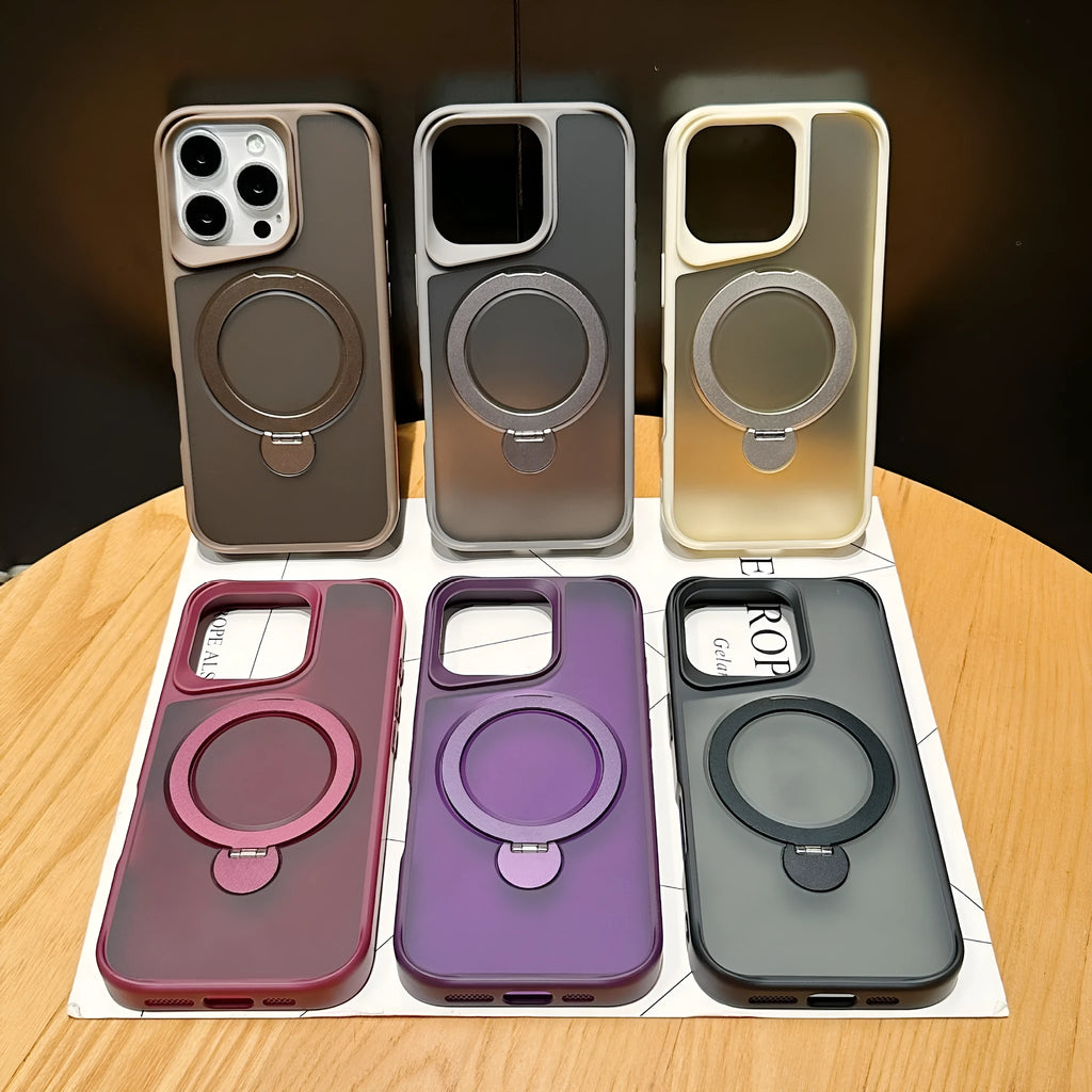 Frosted TPU PC magnetic phone case for iPhone 16 Pro with 360 rotating bracket, black colour