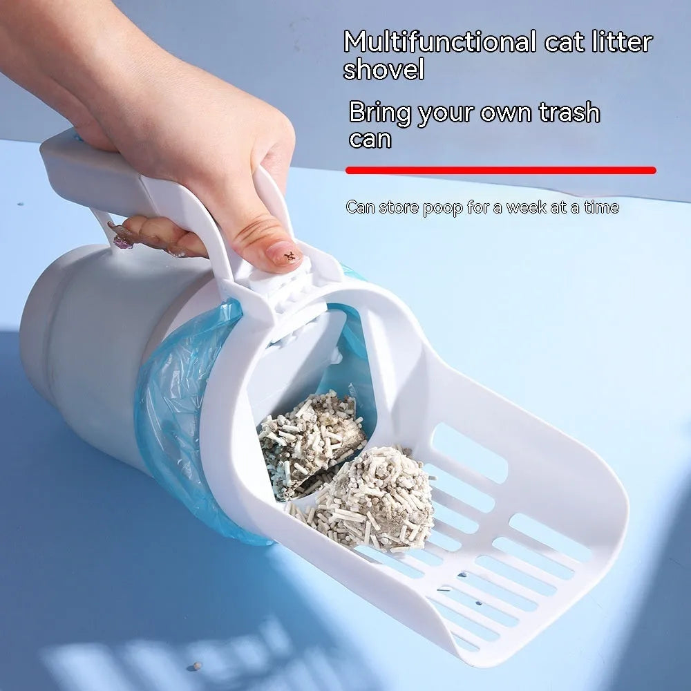 Grey foldable cat litter scoop with integrated waste canister and refill bags