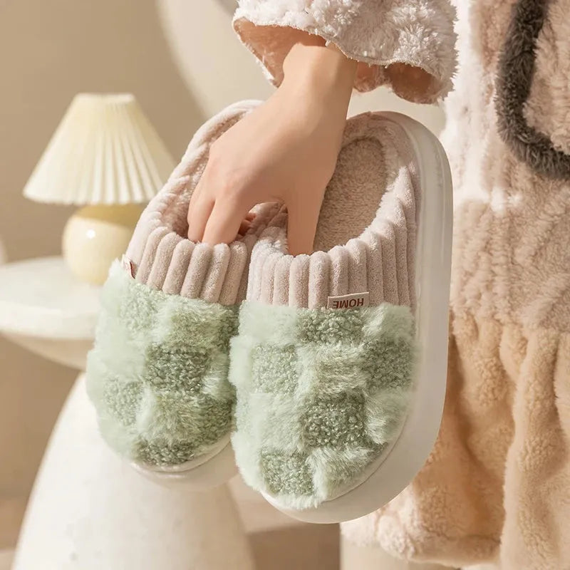 Women's plush indoor slipper in a choice of colours, showing round toe design, coral velvet upper, and textured non-slip PVC sole.