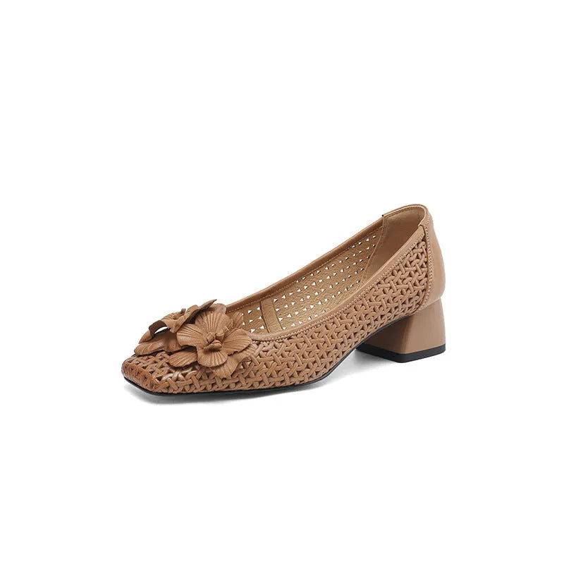 Women's light brown leather pumps with hollow side design and woven detailing, mid-heel height