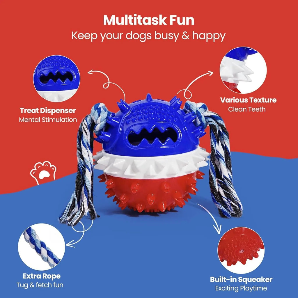 Blue and red TPR rubber dog ball with rope and treat hole for aggressive chewers