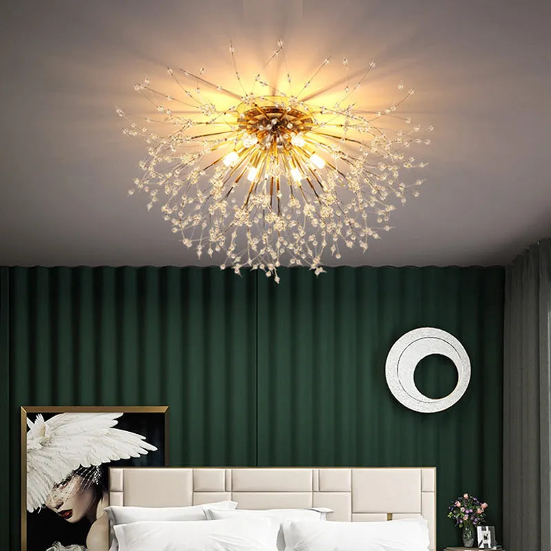 Round dandelion crystal ceiling lamp with four chrome heads and a 40cm diameter