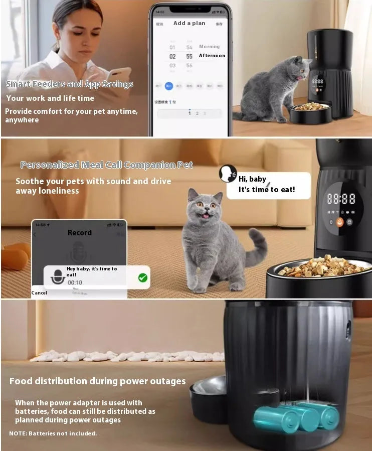 Black automatic pet feeder with digital display and detachable bowl on a kitchen floor.