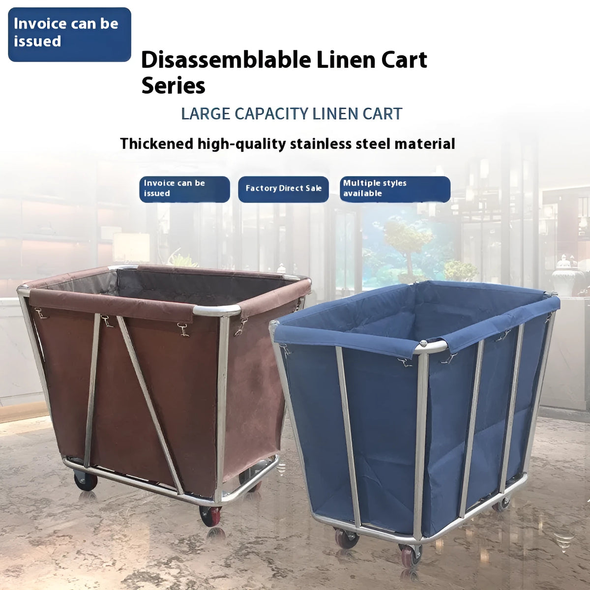 Stainless steel hotel cloth product trolley with blue bag and tubes for linen transport