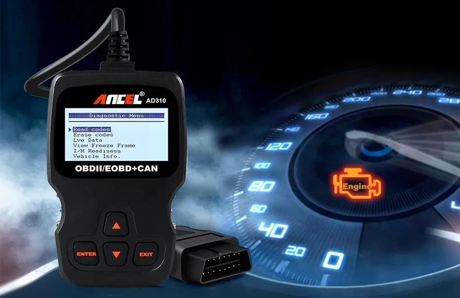 Black universal OBD2 car diagnostic scanner with LCD display for engine fault detection