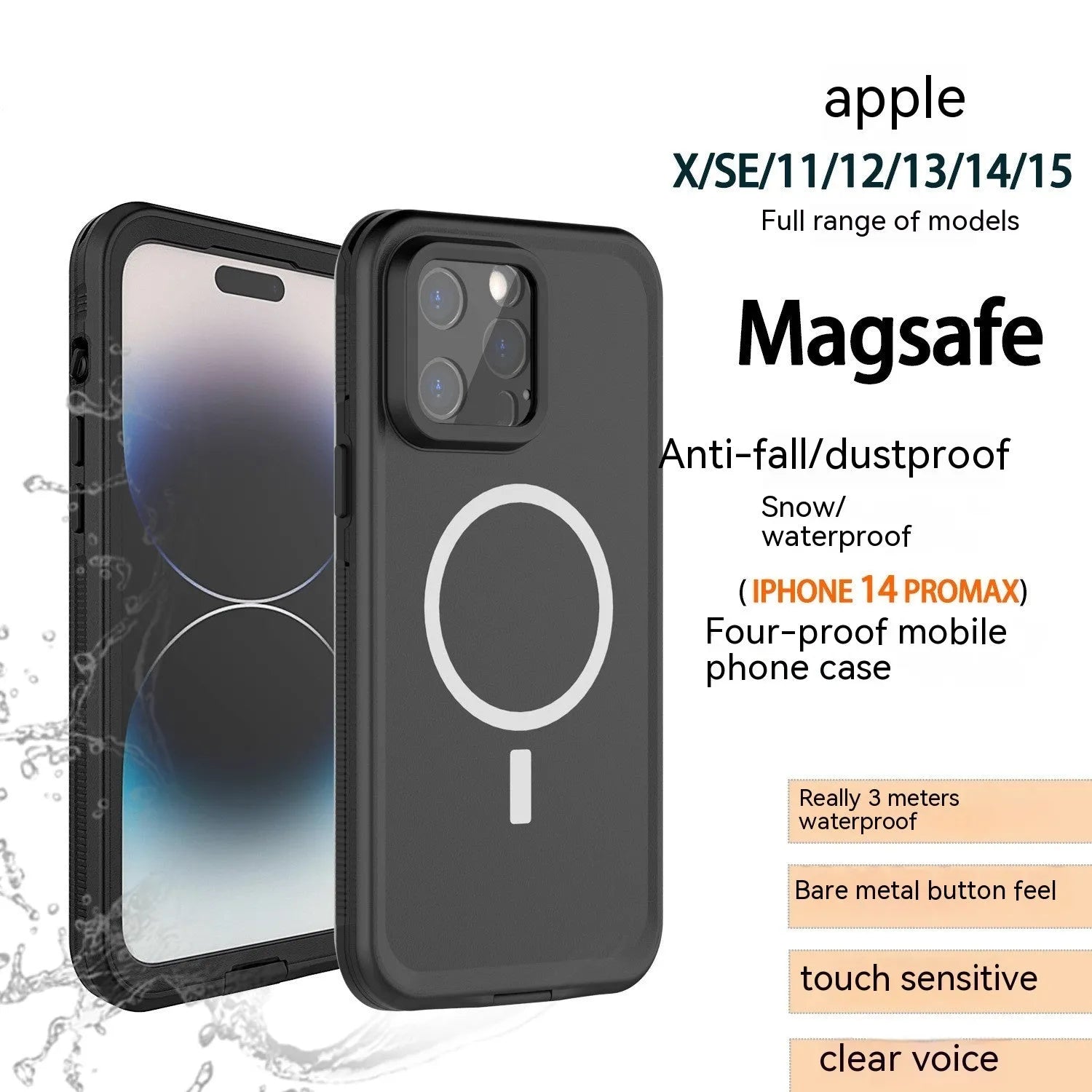 Black frosted waterproof iPhone case with magnetic suction function shown next to a phone.