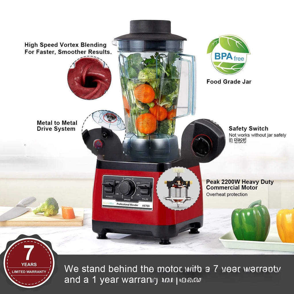 Red industrial-style commercial blender with 2200W motor and 2-litre capacity jug.