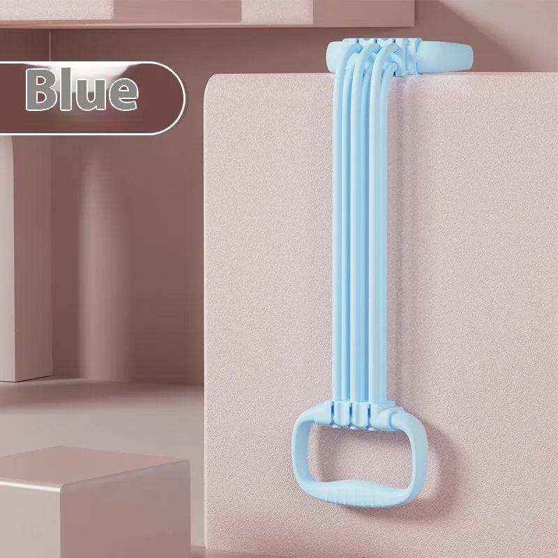 Women's adjustable chest expander with TPE tensile rope in blue, pink, or purple colour.