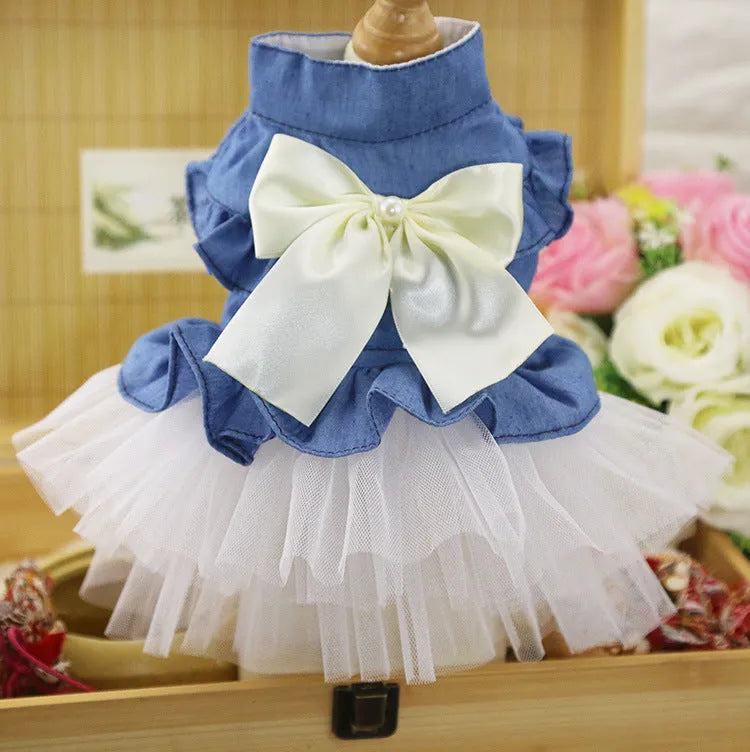Korean version creative bow pet denim skirt for dogs in princess style with ruffled trim