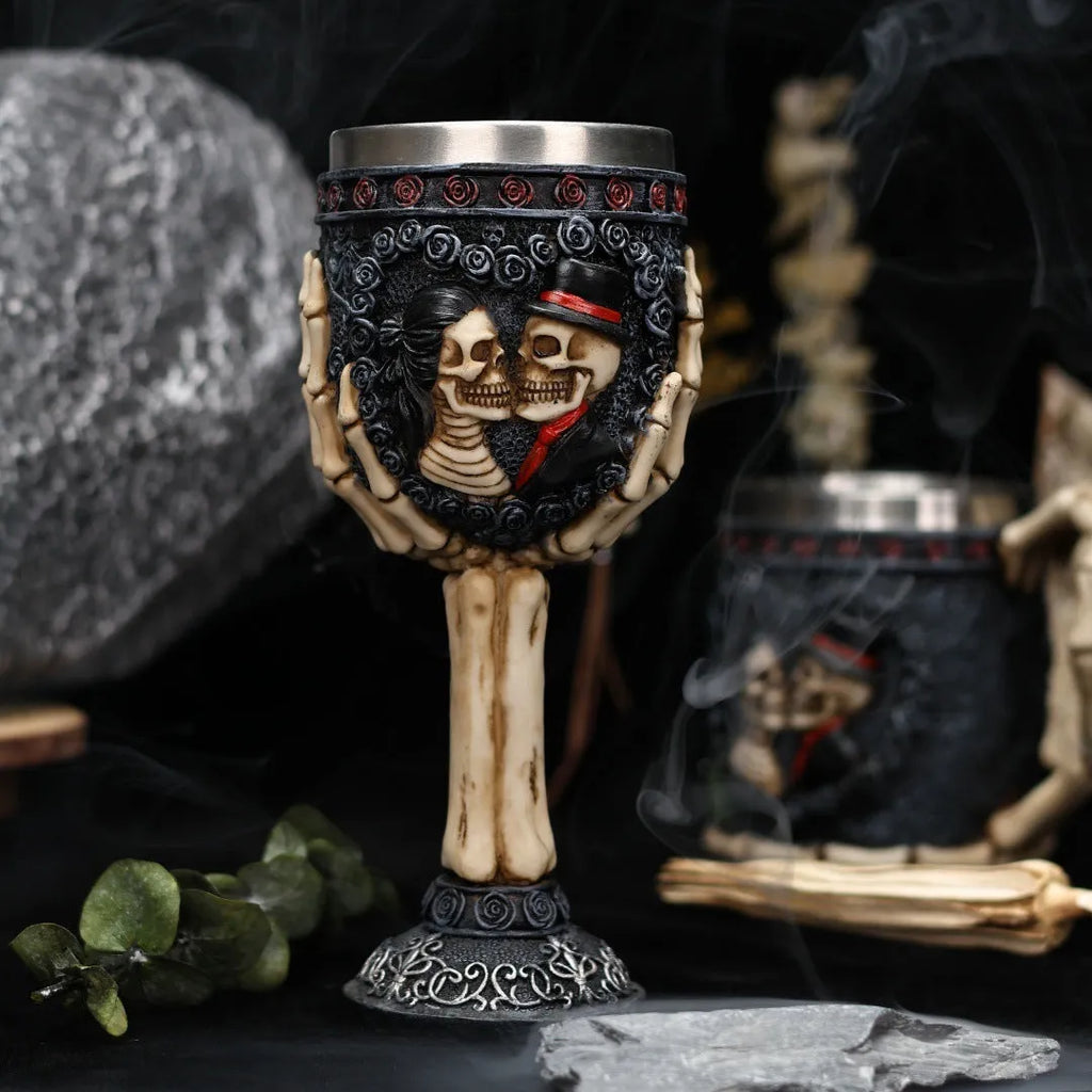 Stainless steel goblet with a red and black resin skeleton design, holding 200ml.
