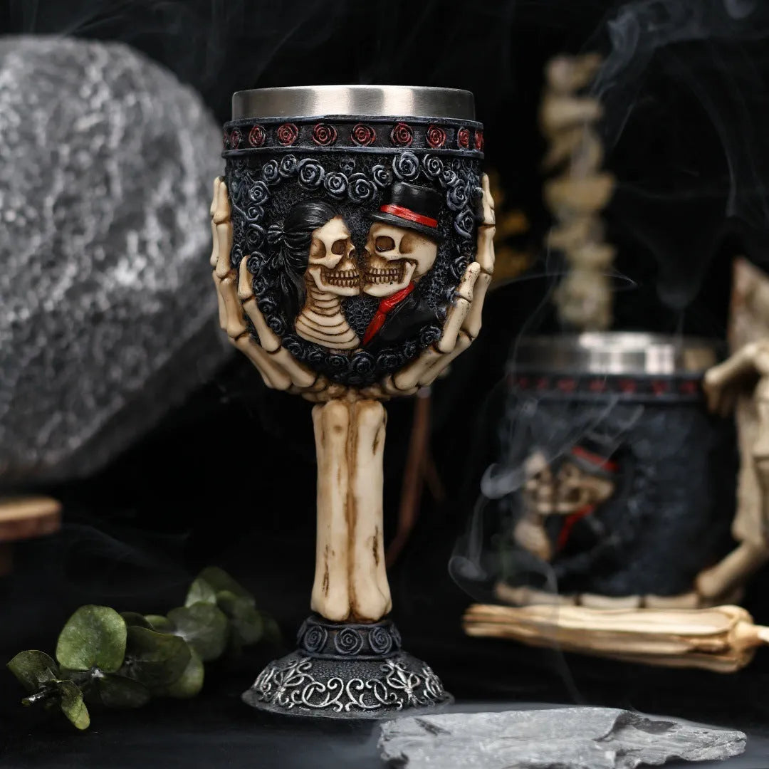Stainless steel goblet with a red and black resin skeleton design, holding 200ml.