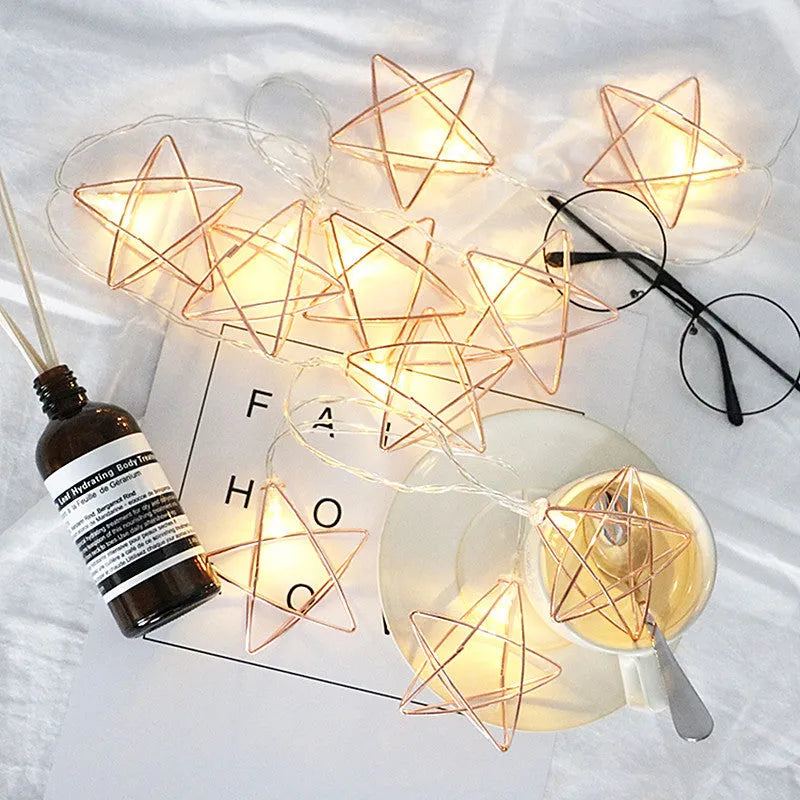 Rose gold five pointed star LED lamp string with 10 lights on 1.5m wire for indoor decoration