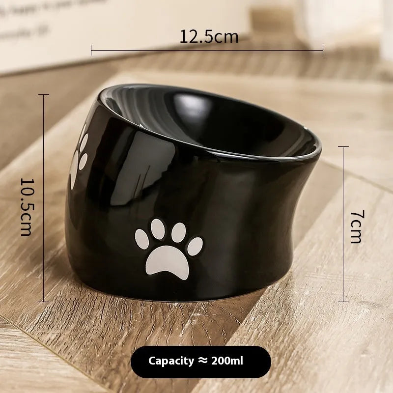 Ceramic cat bowl with neck protection design and cat's paw pattern in selected colour