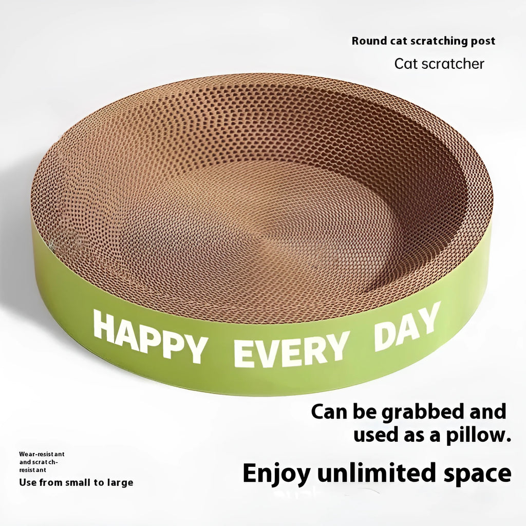 A simple green round cat nest with an integrated scratching surface, shown in 50cm and 55cm size options.