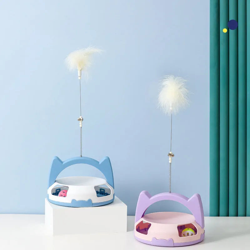 Bite resistant cat toy with spinning ball on stick in blue, blue pink, purple or yellow colours