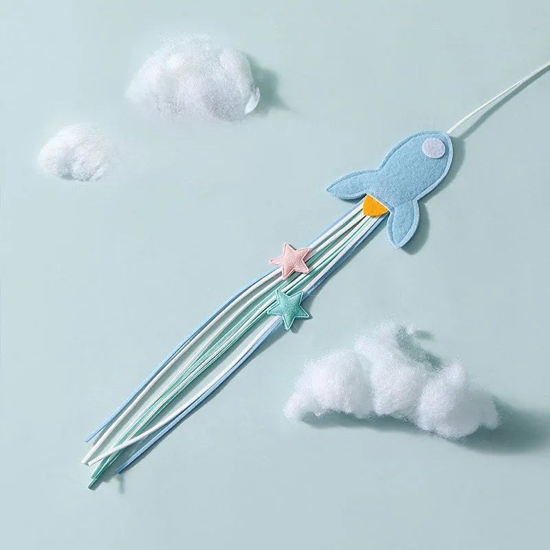 Blue long pole cat teaser toy with feather attachments and an inflated ego design element.