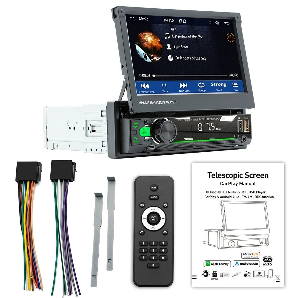 7-inch telescopic screen vehicle-borne Bluetooth player with CarPlay and Android car support, plastic and hardware build