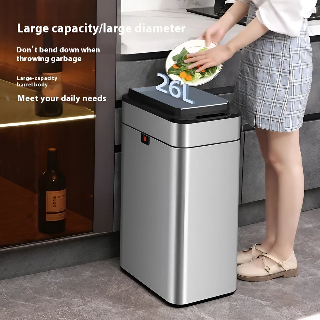 Stainless steel inductive smart trash can with automatic sensor lid and deodoriser.
