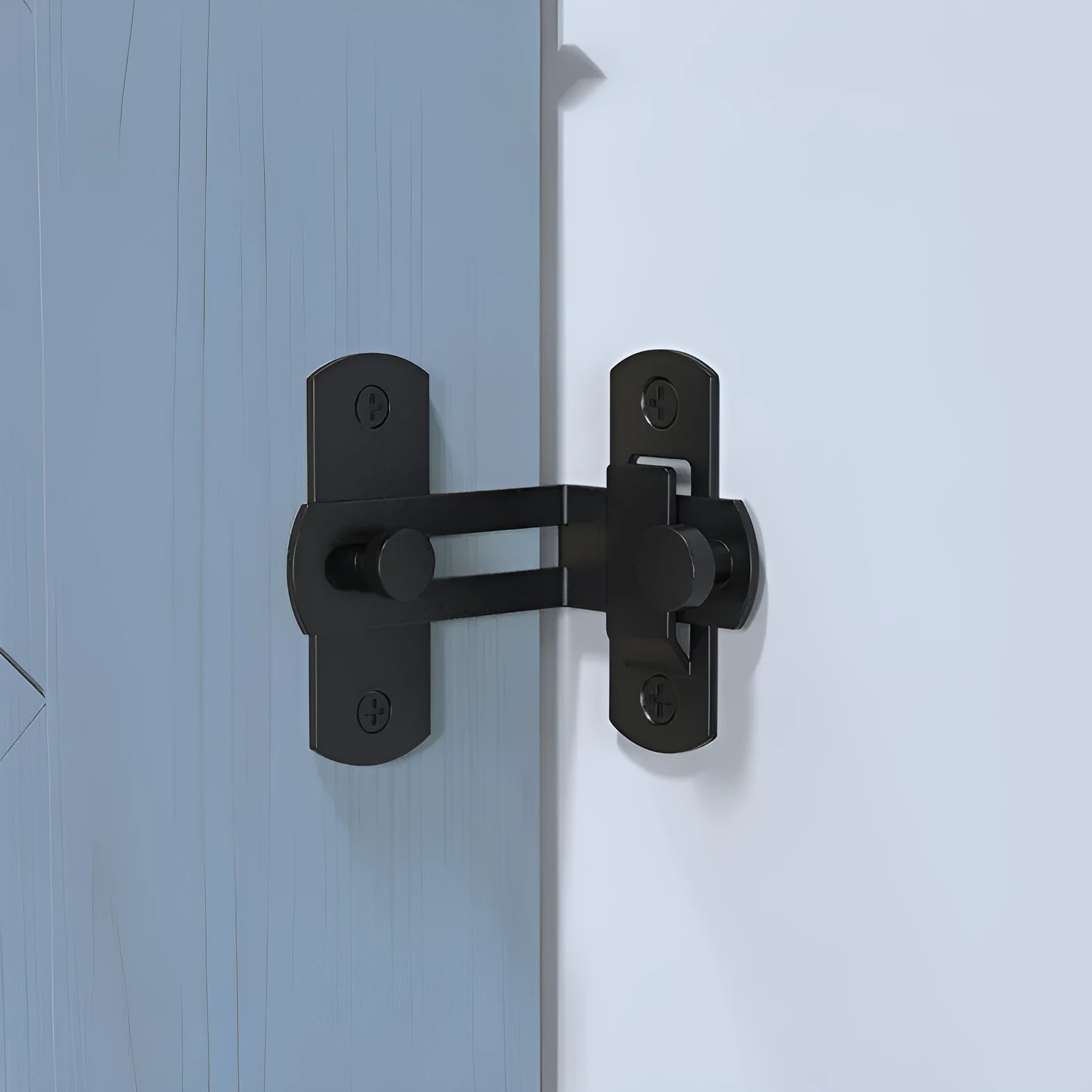 Black carbon steel sliding door hasp lock with a 90-degree buckle and flat shackle for barn doors.