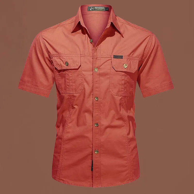 Men's short sleeve cotton work shirt in a loose cardigan style, shown in army green colour.