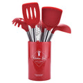 Silicone kitchenware set with stainless steel tube handles includes soup spoon, spaghetti claw, food clip, spatulas, hollow shovel, colander, egg beater in black and red