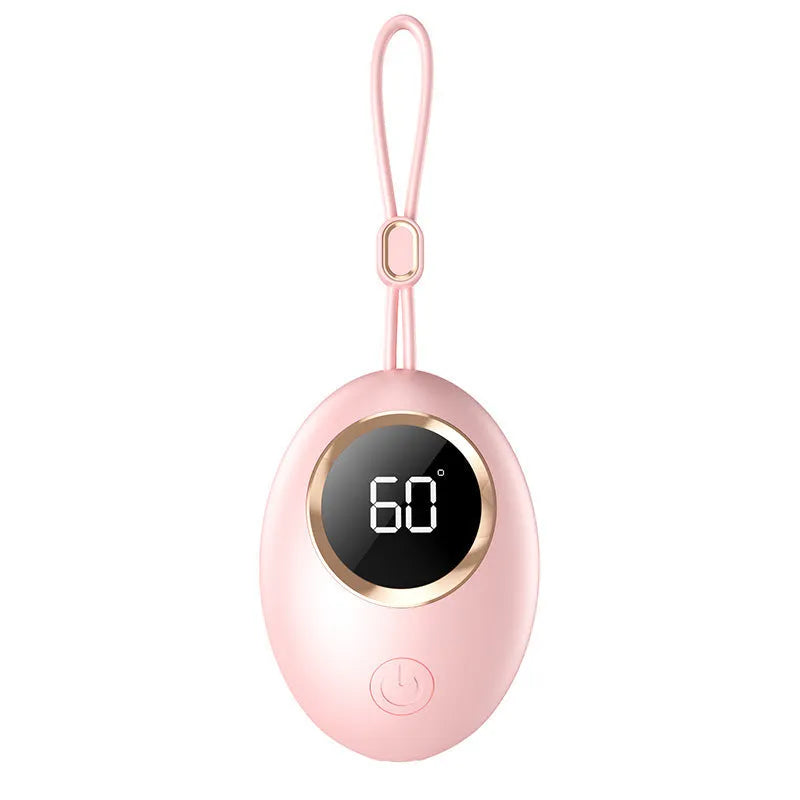A portable hand warmer and power bank unit with a digital display, shown in various colour options.