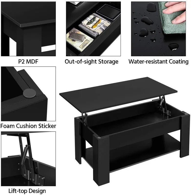Black lifting coffee table with plate type surface in modern simplicity style for living room or office multi-function use