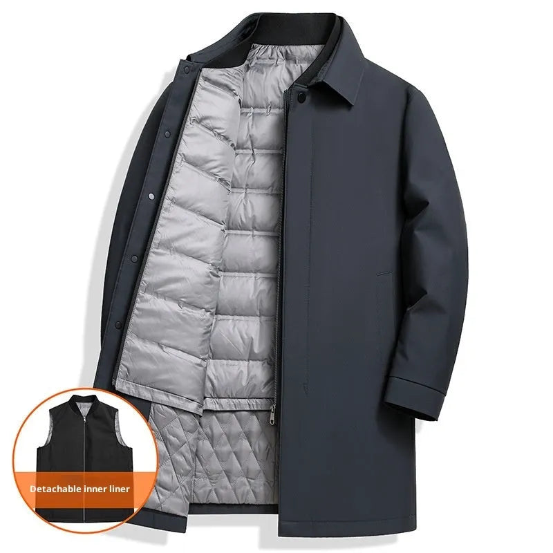 Men's mid-length white duck down business casual jacket in black, gray, and navy blue, 65cm length