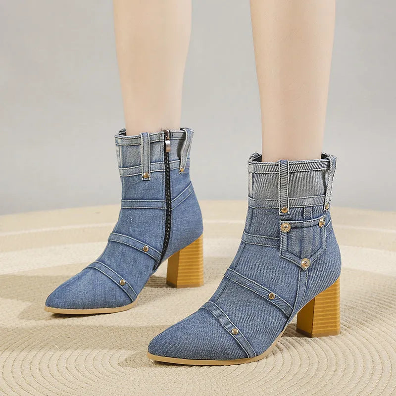 Women's denim pointed toe chunky heel Martin boots in black with artificial PU upper and rubber sole