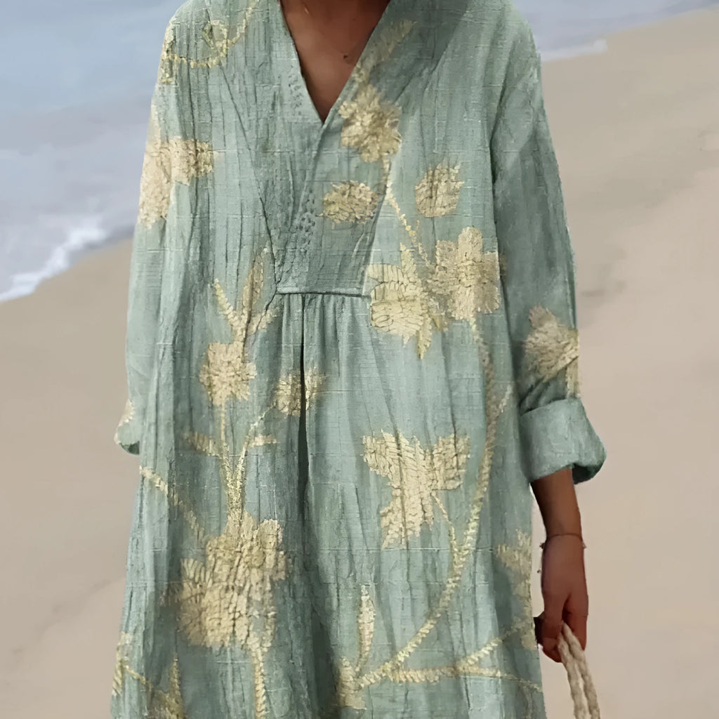 Long casual shirt dress with 3D floral pattern, wide waist, and regular sleeves.