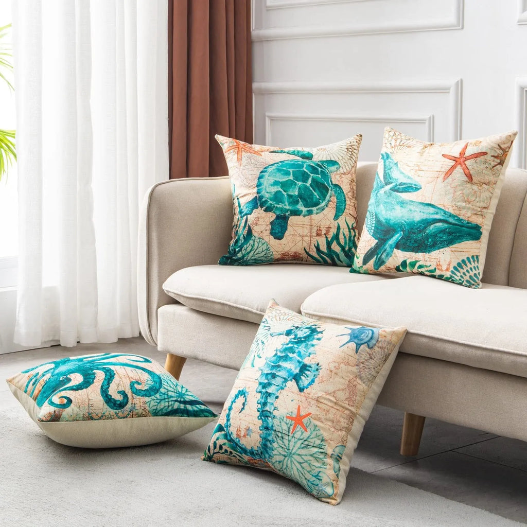 Sea turtle printed linen cushion cover 45x45cm with invisible zipper for sofa or chair