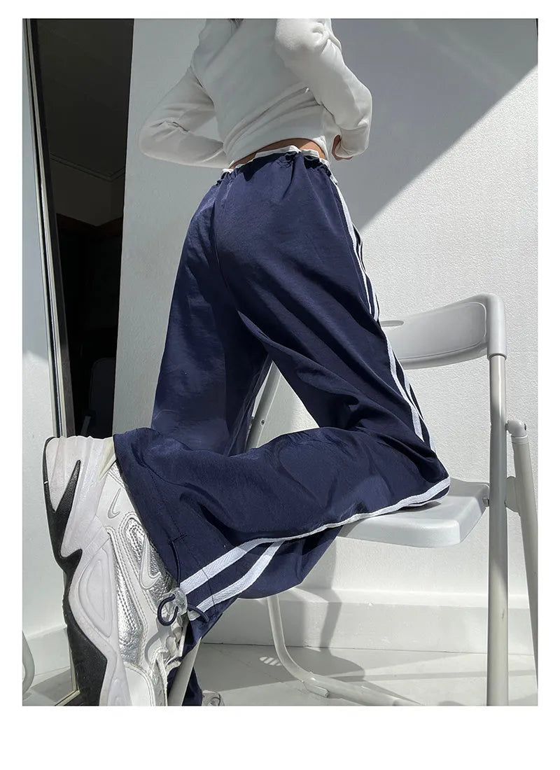 Women's ribbon parallel bars contrast colour loose straight draping trousers in white or navy blue