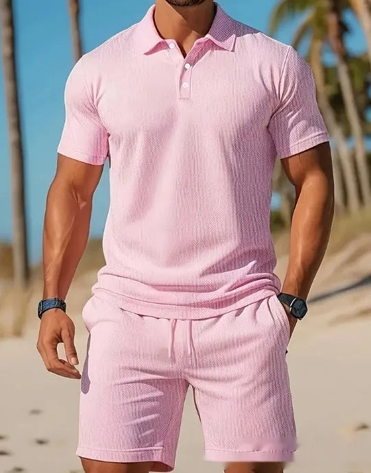 Men's casual beach mesh lapel set with short-sleeved shirt and shorts in polyester fibre, available in multiple colours.