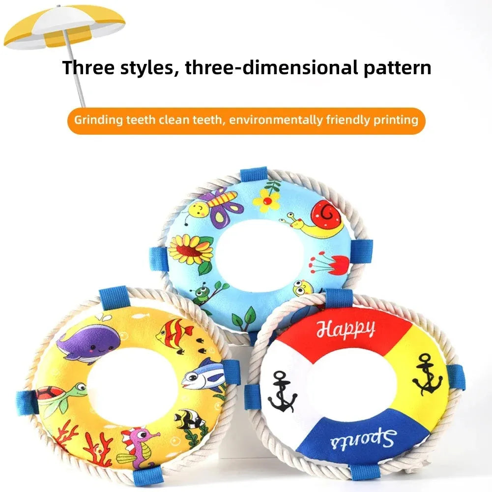 Yellow fish design floating dog pull ring squeaky toy measuring 25cm for chew and fetch games
