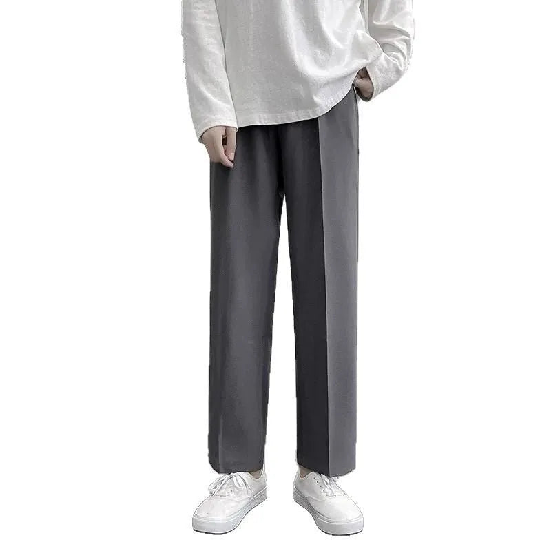 Loose Korean style casual wide leg trousers in polyester, shown in black, dark gray, light gray, or khaki, sizes S to 5XL.