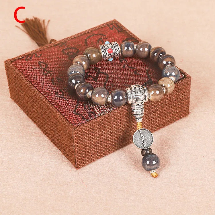 Men's gradient coloured glaze ceramic bracelet with Yonghe blessing charm and polished beads.