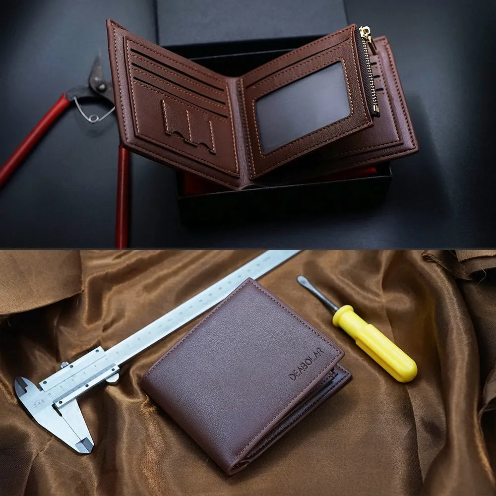 Men's genuine leather wallet with zipper closure, individually packaged for gifting occasions