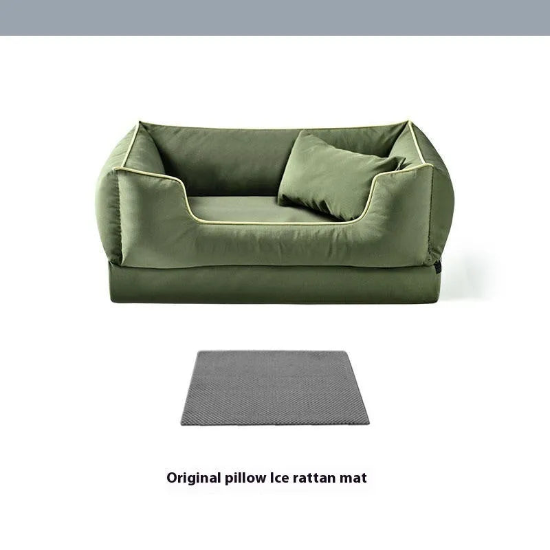 Waterproof dog kennel with removable washable mat in dark green colour showing outdoor placement