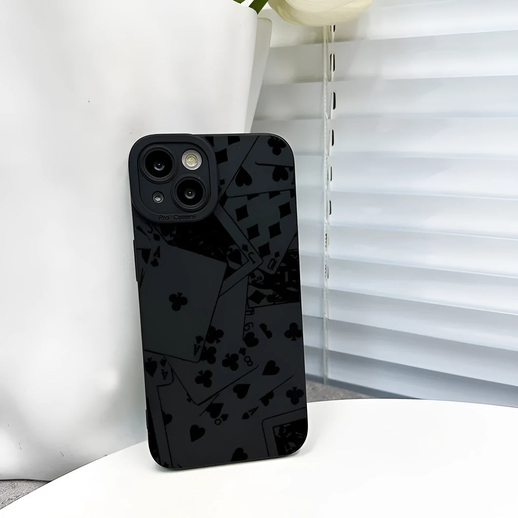 Black silicone phone case with playing cards and text design for iPhone 16 15 14 13 12 11 Pro Max