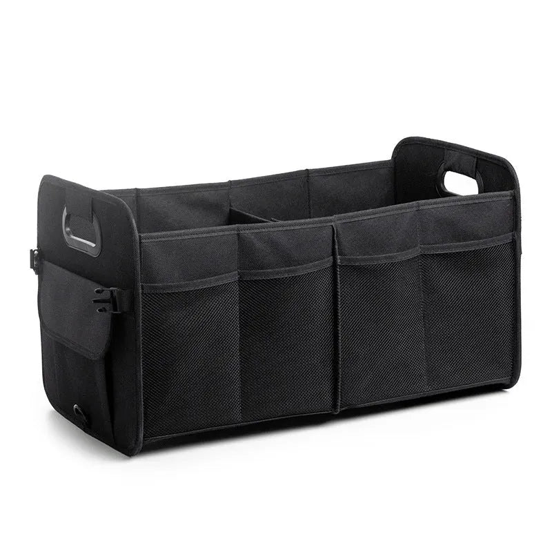 Foldable multi-compartment car trunk storage box with handle in black colour