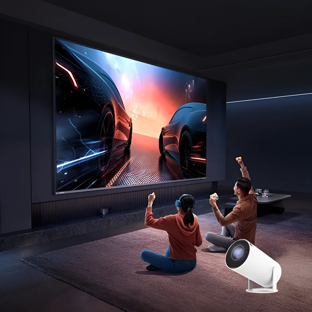 Barrel X10 PLUS white portable smart projector with gamepad and remote control on table