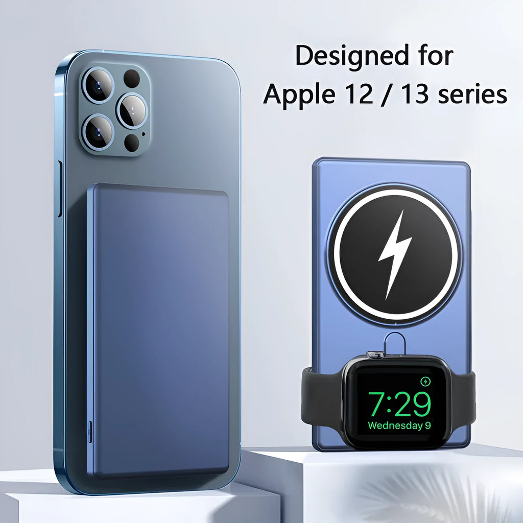 Black three-in-one magnetic wireless charging power bank with 5000mAh battery and aluminium shell