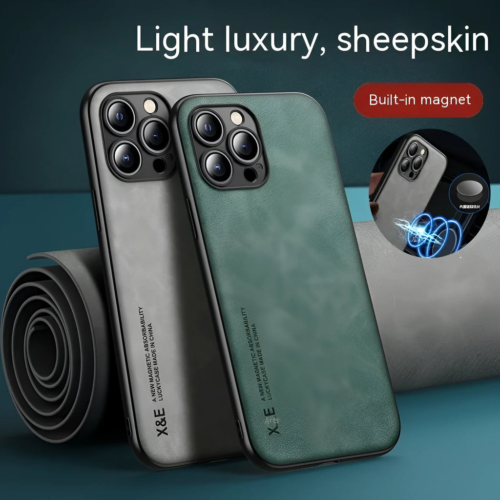 Magnetic lambskin iPhone case with simple text design, anti-fall protection, available in four colours