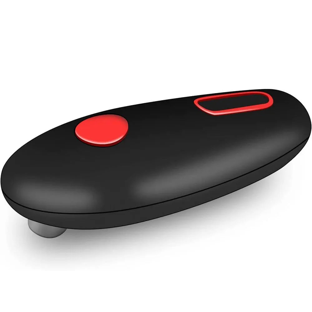 Black electric can opener with compact plastic design and battery compartment